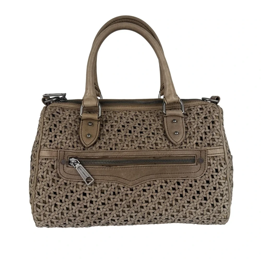 Rebecca‎ Minkoff Satchel Bag Womens Taupe Woven Leather Top Handle Handbag